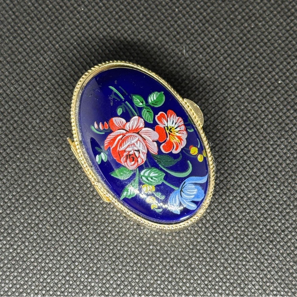 Floral Enamel Oval antique pill box 70 years old.